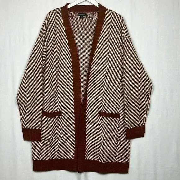 Fortune & Ivy Womens Cardigan Rust & Cream XL Open Front Long Line Chevron Comfy - Picture 1 of 13